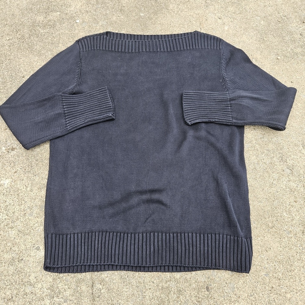 Lauren Ralph Lauren 100% Silk Knit XL Navy Blue Boat Neck Top Elegant Ribbed EUC - Picture 3 of 6